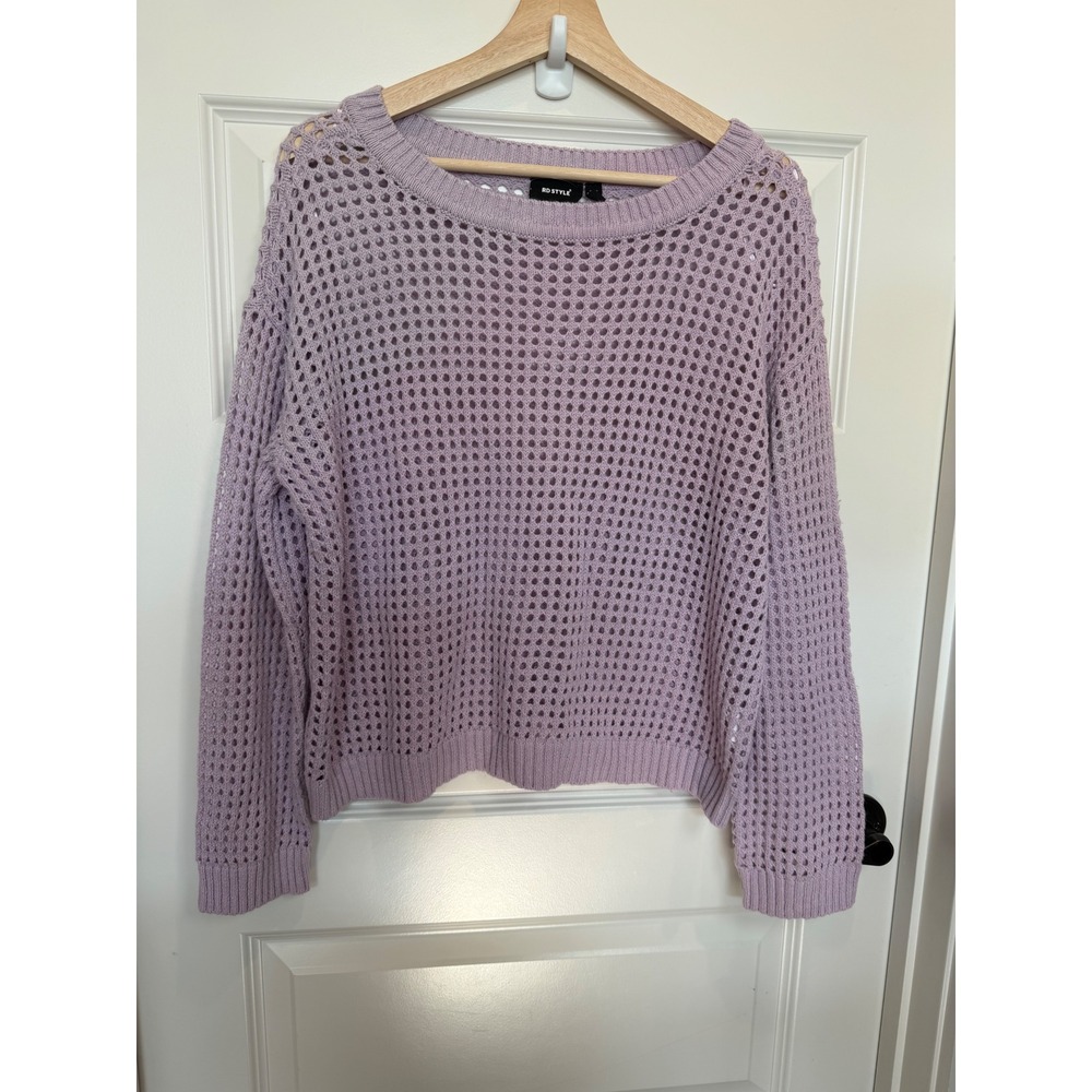 RD Style Women Lavender Purple Open Knit Mesh Crew Neck Sweater 55S061SF Medium